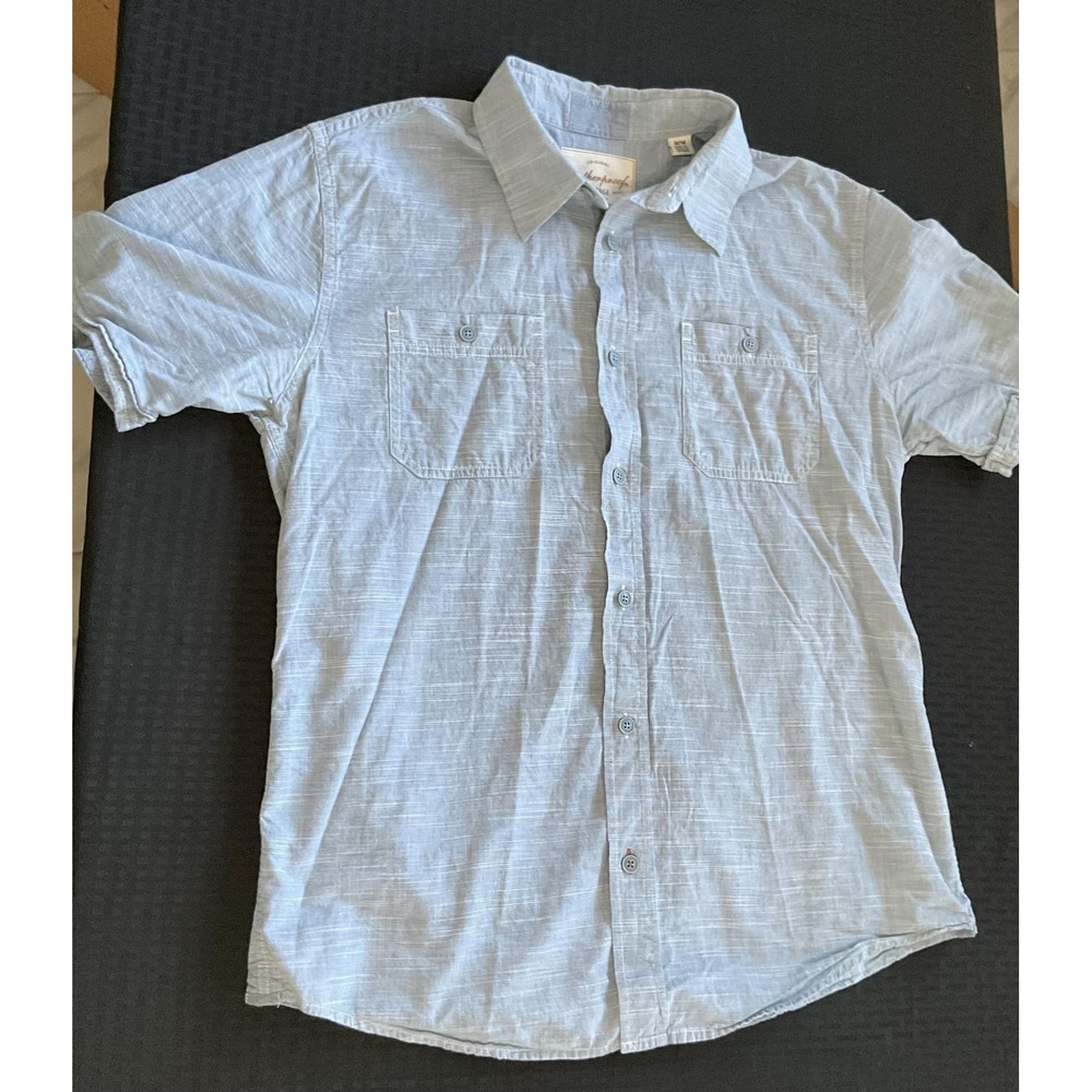 Weatherproof Vintage Shirt Mens Medium Blue Solid Short Sleeve Button Up‎ Cotton